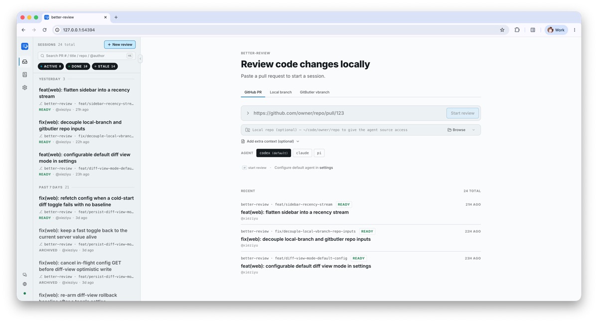better-review: files changed view with inline findings